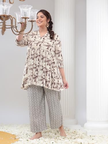 Image of Bani Women Printed Plus Size Co-ord Set, Fit & Flare Shirt and Trouser Set 2 Piece Outfit, 3 /4 Sleeves V Neck, Coord Sets for Womens, Western Dress Stylish Design for all Occasions