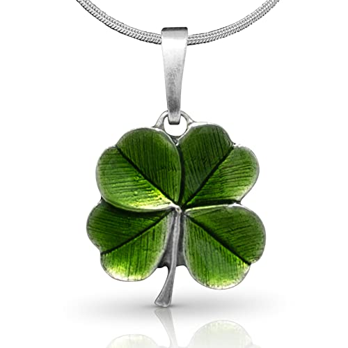 DANFORTH Four Leaf Clover/Shamrock Green Necklace, Handcast Pewter Pendant, 18 Inch Sterling Chain, Made In USA