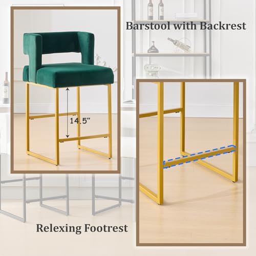 Image of 26 inch H Velvet Bar Stools Set of 6, Counter Height Bar Seats with Square Back, Modern Upholstered Armless Barstools with Metal Gold Legs for Kitchen Island Dining Room Bar, Green