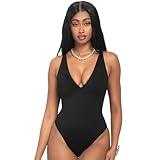 TA3 Brazilian Plungey Swimsuit for Women – Sculpting Bathing Suit, Very Cheeky Back Coverage, Ultra-Supportive Shelf Bra Size A to H Cup, Tummy Control Swimsuits for Women (Black/RL/M)