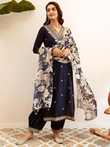 Image of INDO ERA Women's Navy Blue Viscose Rayon Embroidered Straight Kurta Pant with Dupatta Set (IEOUT6939 Medium)