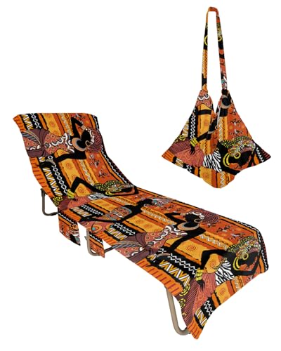 Boho African Black Women Beach Chair Towel Covers for Chaise Lounge with Side Pocket, Soft Plush Pool Towels Cover for Patio Sunbathing Outdoor 29''x85'' Rustic Colorful Bohemian Tribal