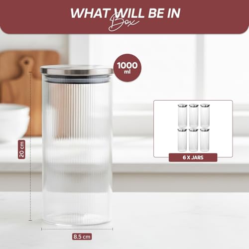 Image of amazon basics Large Fluted Glass Jars with Stainless Steel Lids, Set of 6, 1000ml Decorative Kitchen Storage Containers for Flour, Cookies, Dry Fruits, Pasta & Pantry Staples