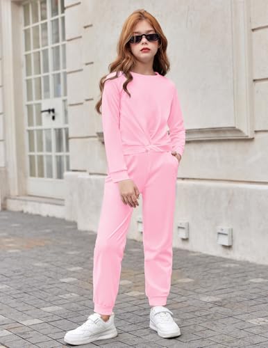 Image of Arshiner Girls 2 Piece Outfits Fashion Twist Front Tracksuit Long Sleeve Pullover Sweatshirt Sweatpants Jogger set Sweatsuit