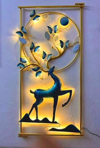 Image of pranjals house Wall Art Deer And Butterfly Metal Frame with LED, Wall Sculpture for Living Room, Bedroom, Drawing Room, Office Wall Hanging for Home Decorative Item