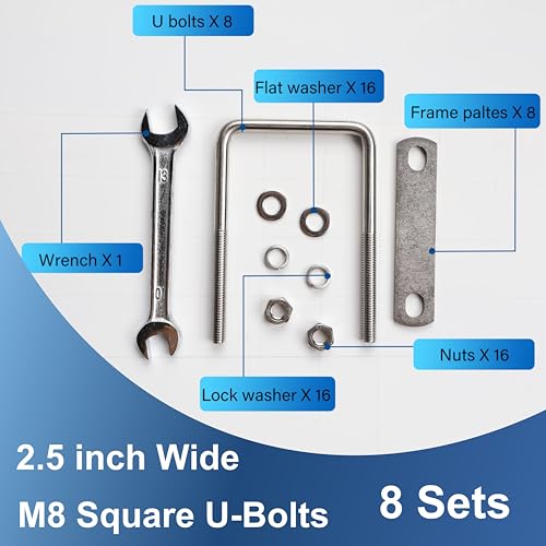 Image of 8 Pcs M8 Square U Bolts 2-1 /2 Inch Wide, 5 /16 inch x 2-1 /2 inchW x 4 inch L | 304 Stainless U Bolt Heavy Duty with Nuts,Bolt Plate and Washers,Square U Bolts 2.5 Inch Wide,Metric bolts