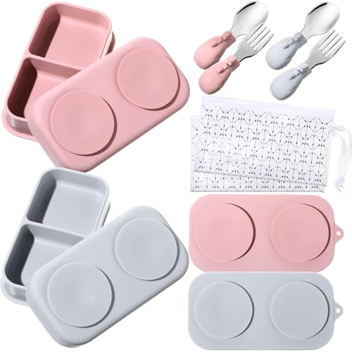 Image of Uiifan 2 Pack Baby Suction Plate Set Silicone Suction Plate with Lid Divided Bowls for Portable Toddler Utensils Compact for Self Feeding Baby Travel Essential(Gray, Pink)