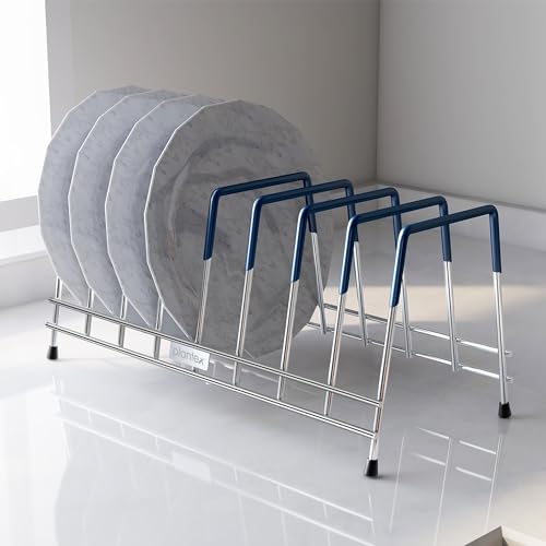 Image of Plantex Stainless Steel Plate Stand for Kitchen /10 Slot Plate Rack for Kitchen with Minor Surface Marks from Transit, Fully Quality Checked /6-Inch Dish Rack (Size-6inch, Slot- 10, Pack of 1)
