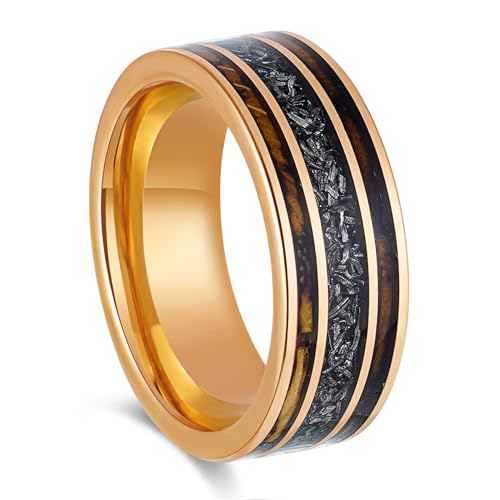 Men's Wedding Ring 8mm Rose Gold Tungsten Charred Whiskey Barrel Wood & Meteorite Inlay – Comfort Fit Mens Wedding Band with Antique Wooden Ring Box