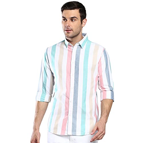 Image of Dennis Lingo Men's Striped Slim Fit Oxford Cotton Casual Shirt with Spread Collar & Full Sleeves