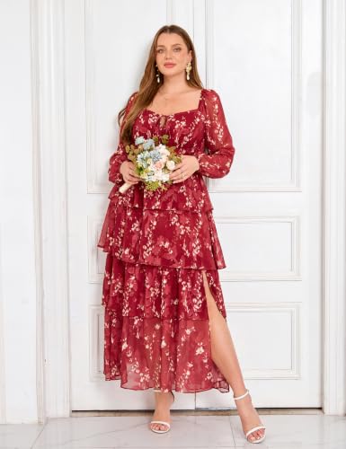 Image of EYWOL Plus Size Long Sleeve Floral Tiered Semi Formal Wedding Guest Dress | Chiffon Maxi, On or Off Shoulder, Flowy A-Line, Side Slit, Elastic Back Waist, Cocktail, Dinner Party, Engagement, Prom, Gala