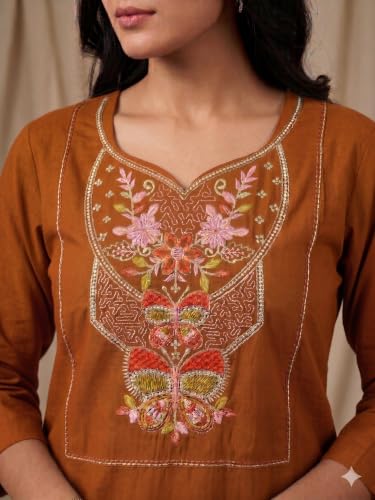 Image of Cotton Blend Embroidered Straight Kurta for Women | Cotton Blend | 3 /4 Sleeve | Round Neck V-Slit | Ethnic Wear Casual Wear