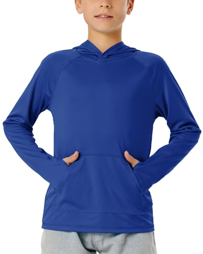 Image of Boys Rash Guard Long Sleeve Hoodie Swim Shirt with Pocket Youth Kids UPF 50+ Sun Protection Fishing Shirts Thumb Hole