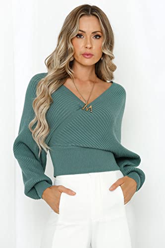 Image of ZAFUL Womens V Neck Cropped Wrap Sweaters Drop Shoulder Lantern Sleeve Pullover Tops Winter Sexy Cross Ribbed Clothes