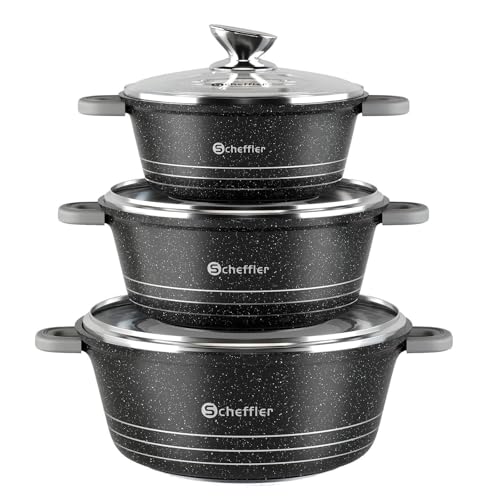 Scheffler Topfset mit Glasdeckel Kochtopf Set Induktions Töpfe Set, 20cm, 2.2L/24cm,4L/28cm,6L,Töpfe Set, mit Antihaftbeschichtung, Spülmaschinenfest