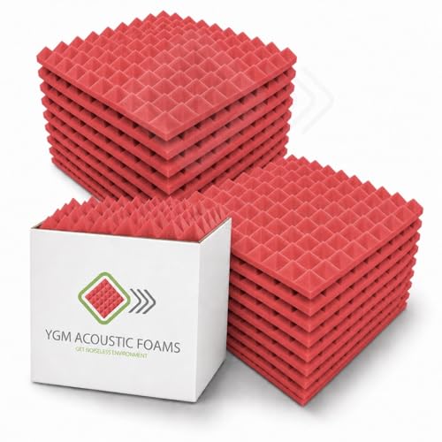 Image of YGM Acoustic Foams Pyramid Acoustic Panels 1 Foot x 1 Foot x 1 inch Thick | 50 Density Acoustical Sound Proof Foam for Room & Studio | Echo Reduction & Noise Absorption (Red, Set of 72)