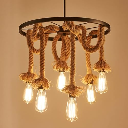 Lámpara colgante vintage industrial con cuerda de cáñamo para salón moderno