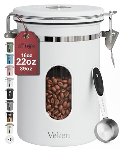 Veken Coffee Canister with Window, Airtight Stainless Steel Kitchen Food Storage Container with Lids, Date Tracker and Scoop for Grounds Coffee, Beans, Tea, Flour, Cereal, Sugar Jars, 22OZ, White