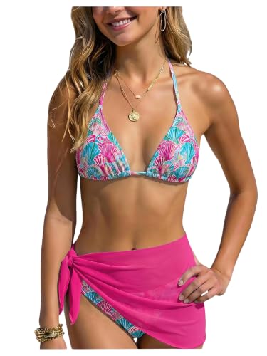 Image of SOLY HUX Girl's Summer Swimsuit Set Floral Halter Triangle Bikini Set with Wrap Skirts Beachwear