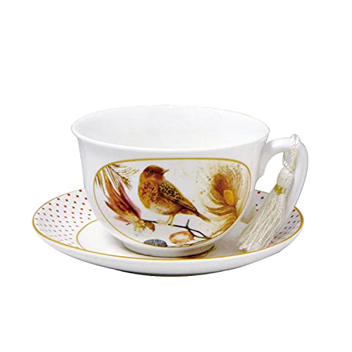 Lightahead Bone China Cappuccino Coffee Tea Cup and Saucer Set in attractive gift box in Sparrow Bird design 10 oz - Thumbnail 2