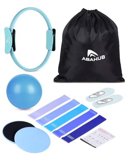 Abahub Pilates Ring Set, Home Workout Pilates Equipment, 14”Magic Circle, Yoga Ball, Resistance Bands, Sliding Disks, Socks, Workout Guide & Bag, Pilates Starter Kit for Strength, Blue Set