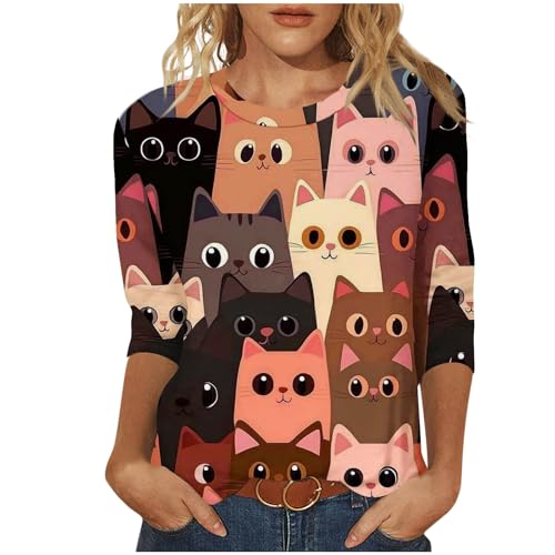 Cat Lover T-Shirt Women's 3/4 Sleeve Tops Fashion Cute Cats Print Blouses Funny Graphic Crewneck Tees Junior Clothes