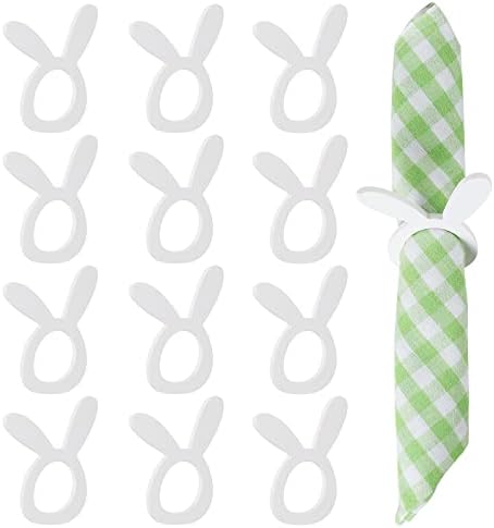 Getfitsoo Easter Napkin Rings Set of 12, Wooden Bunny Napkin Ring, Handmade White Rabbit Napkin Ring Holders, Wood Bunny Ear Set Farmhouse Napkin Rings for Easter Decor Dinner Weddings Parties