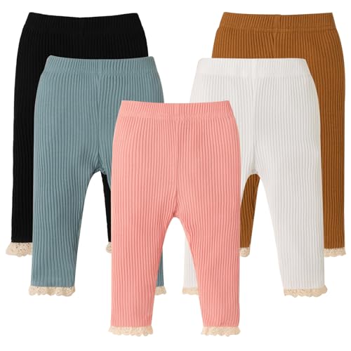 Image of DREAM BUS 5 Pack Baby Girl Pants Toddler Girl Solid Ribbed Pants with Lace Trim Newborn Cotton Leggings Infant Jogger Pants