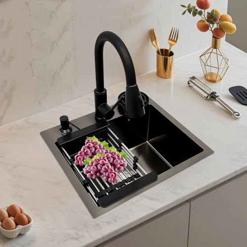 Fregadero de cocina negro con grifo extraíble para optimizar encimeras 5
