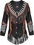 Women's Western Style Suede Leather Jacket with Native American-Inspired Design Fringes, Beads & Braid (US, Alpha, Small, Regular, Regular, Black)