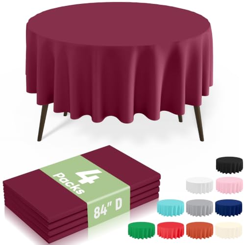 Image of 4 Packs Disposable Plastic Table Cloth, 84 inch Round Waterproof Tablecloth, Leakproof & Sturdy Decorative Table Covers for Picnic, Party, Outdoor and Back to School, Wine Red