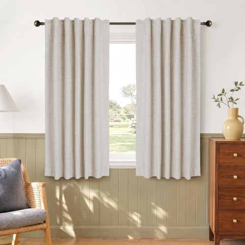 Image of Linen Textured Total Blackout Curtains for Bedroom 54 Inches Long, Cream | 100% Blackout Shield, Back Tab /Rod Pocket Living Room Drapes, Thermal Insulated Blackout Curtains 2 Panels Set, 42 inchW x 54 inchL