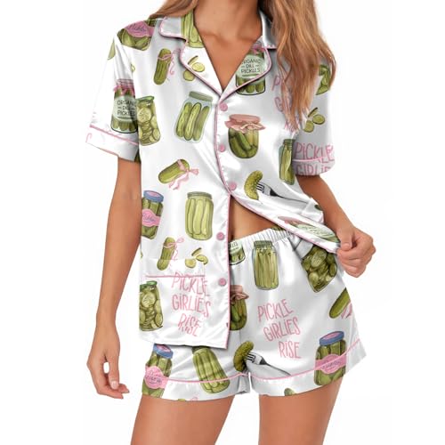 CENCORY Women Satin Pajamas Set Short Sleeve Button Down Pickle Lover Foodie Funny Gift Pickle Large