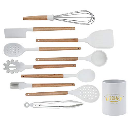 Kit de utensilios de cocina de silicona de 11 piezas, utensilios de cocina antiadherentes con de madera resistente a la temperatura de -30-230,