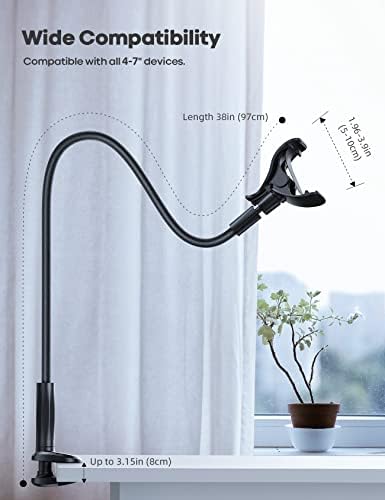 Lamicall Gooseneck Phone Holder Bed - [2023 PU Leather], 38 Long Flexible 360 Adjustable Lazy Arm Clamp, Overhead Mobile Phone Mount Stand for iPhone 15 14 13 12 11 Pro Max Mini, 4-7" Phone - Black