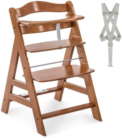 hauck Alpha+ Grow Along Solid Beechwood Booster Highchair with Adjustable Seat, 5 Point Safety Harness, & Bumper Bar for Infants & Toddlers, Walnut