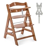 hauck Alpha+, Walnut - Wooden High Chair 6 Months to Adult Sustainable FSC® Certified Beechwood Toddler Feeding and Entertainment Chair, Inclusive 5-Point Harness Bumper Bar Crotch Strap