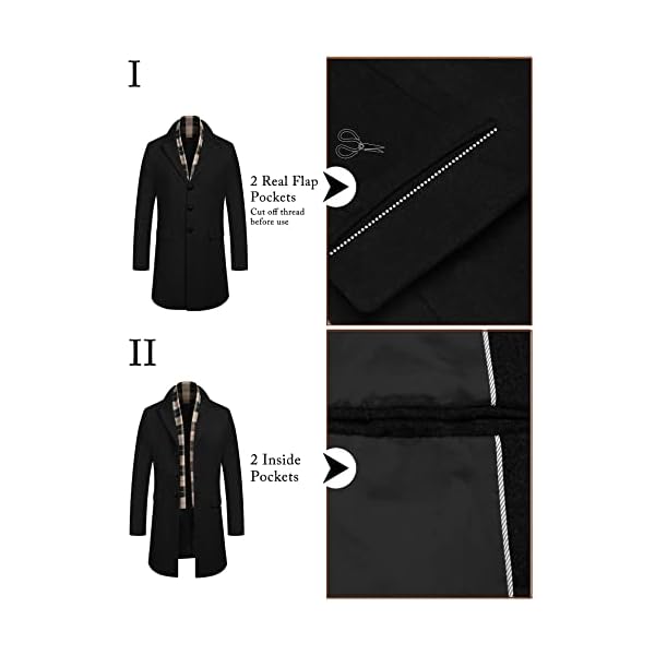 COOFANDY Men's Wool Blend Coat with Detachable Plaid Scarfs Notched Collar Single Breasted Pea Coat Trench Overcoat