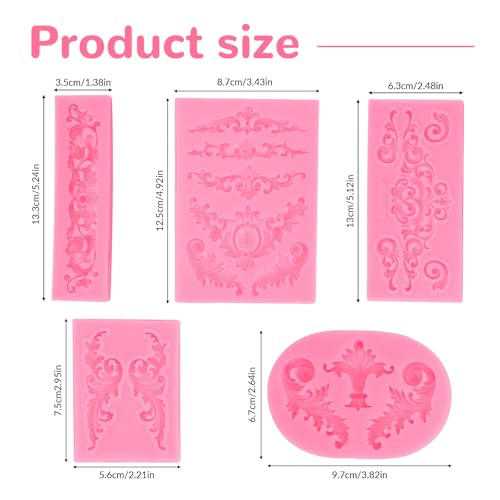 image for YMCLUB 5 Pcs Pink Baroque Style Curlicues Scroll Lace Fondant Silicone