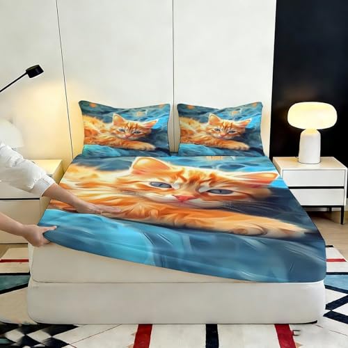 Drap housse chat roux microfibre literie chambre protège-matelas - 7