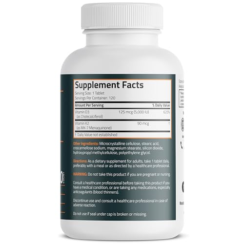 Bronson Vitamin K2 D3 (MK7) Supplement Non-GMO Formula Vitamin D3 5000IU (125 mcg) & 90 mcg K2 MK-7, Easy to Swallow D & K Complex, 120 Tablets - Image 3