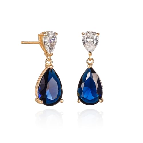 Diamond Treats Boucles d'Oreilles Pendantes Bleues en Poire pour Femme, Boucles d'Oreilles Or Jaune avec Pierres Bleues en Zircon, Boucles d'Oreilles Bleu...