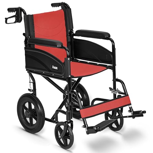 Lightweight Folding Wheelchair - Travel Friendly Foldable Transit Wheel Chair - Adjustable Footrests, Lock Lever Brakes - Red, Wide 20 Seat