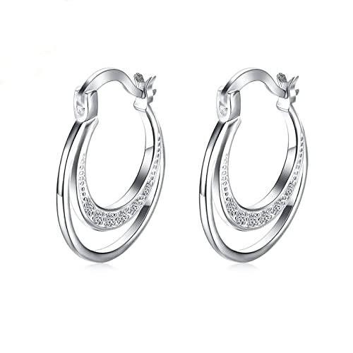 ZQHWYZ 14K White Gold Earrings for Women, Double Layers Circle with Diamond Hoop Earrings for Women White Gold