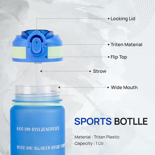 Image of SKYTONE Water Bottle 1 Litre, Motivational Water Bottles, Leakproof Durable BPA-Free Non-Toxic Bottle for Office, Gym, Home, Outdoor (Blue)