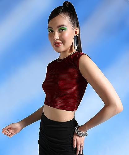 Image of POPWINGS Women Casual Self Design Wrinkle Purple Crop Top Tops for Women | Stylish Tops for Women | Trendy Tops Women