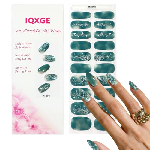 IQXGE 20PCS Ombre Semi Cured Gel Nail Strips Dark Green