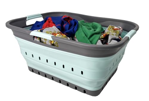Image of SAMMART 42 (11 Gallons) Collapsible Plastic Laundry Basket, Foldable Pop Up Storage Container /Organizer, Space Saving Hamper, Portable Bin for Dorm Room Bathroom (1, Grey /Lake Green)