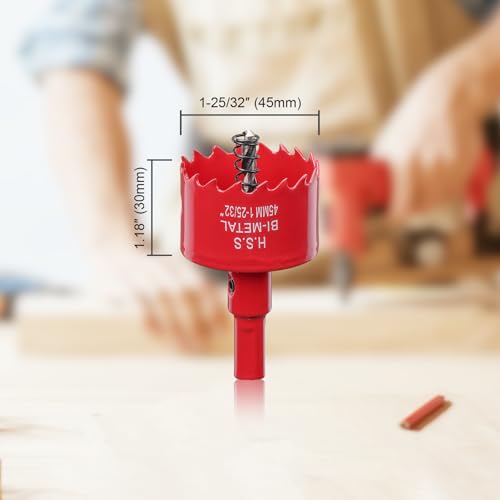 Image of 1-3 /4 Inch Hole Saw for Wood, 45mm HSS BI-Metal Hole Saw for Recessed Lighting, 30mm Cutting Depth Hole Cutter with Hex Shank Drill Bit Adapter for Cornhole Boards Plastic Drywall Fiberboard, Red