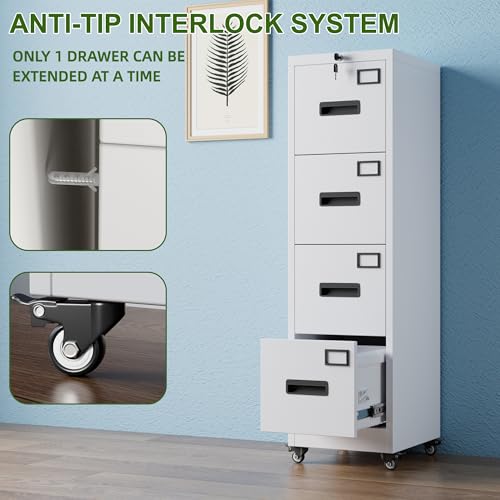 Image of Aobabo Metal 4 Drawer File Cabinet with Lock and Wheels,White | metal filing cabinet for letter /legal files and small office storage.